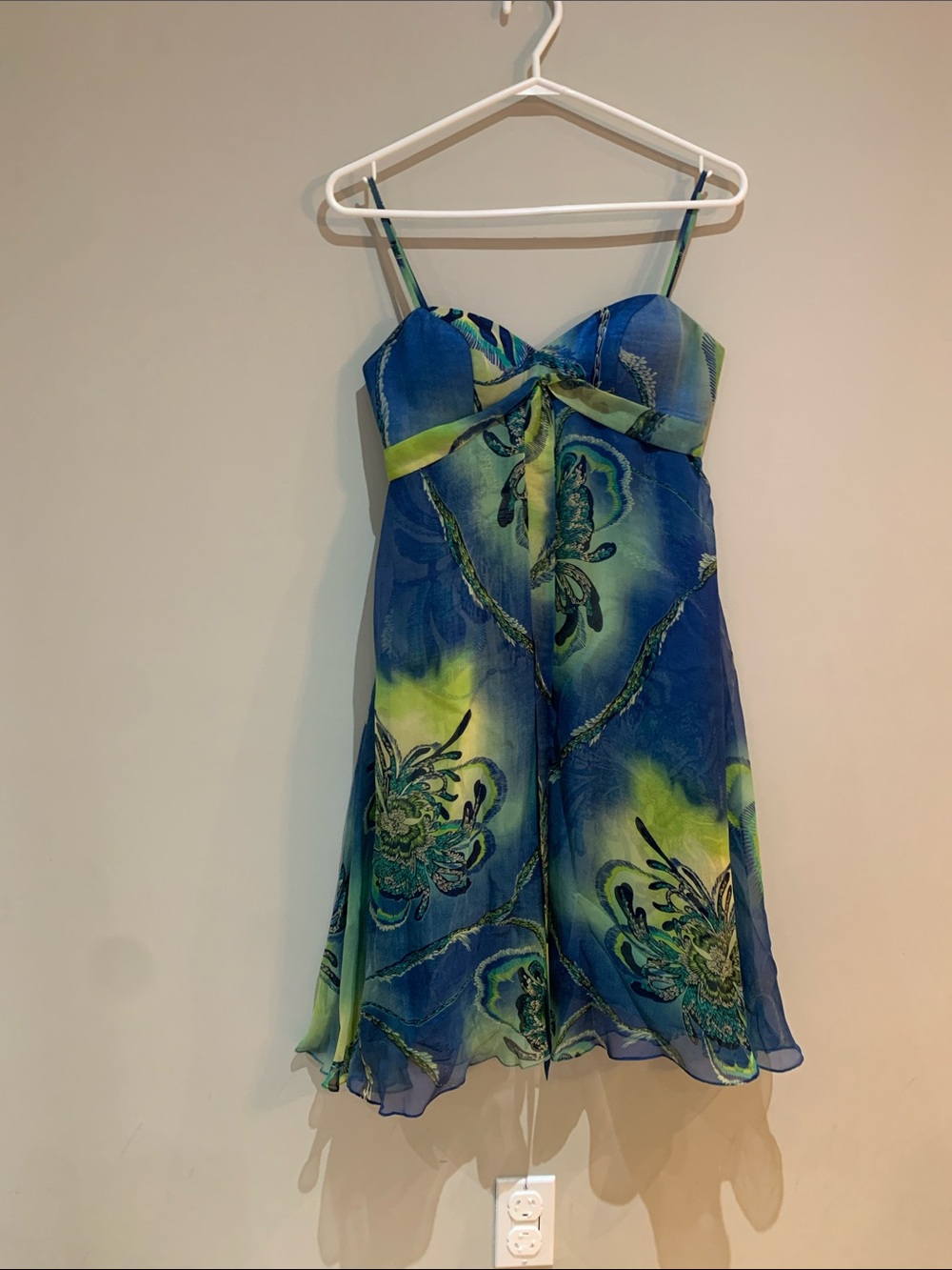 Blue and Green Floral Spaghetti-Strap Formal Dress